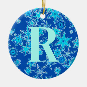 Geometric Snowflakes, Sapphire Blue Personalized Ceramic Ornament