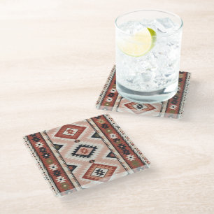 Geometric Southwestern Tribal Kilim in Terracotta Glass Coaster