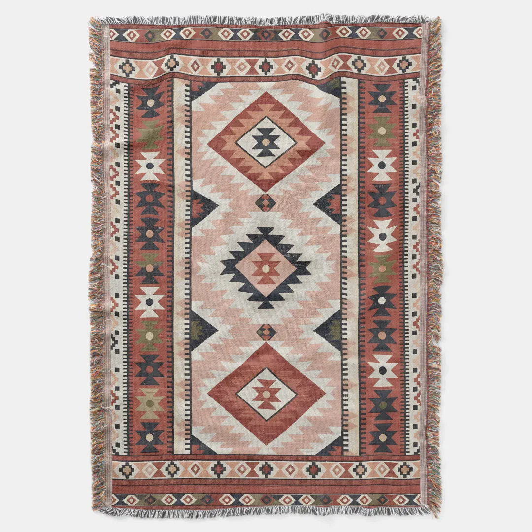 Geometric Southwestern Tribal Kilim in Terracotta Throw Blanket