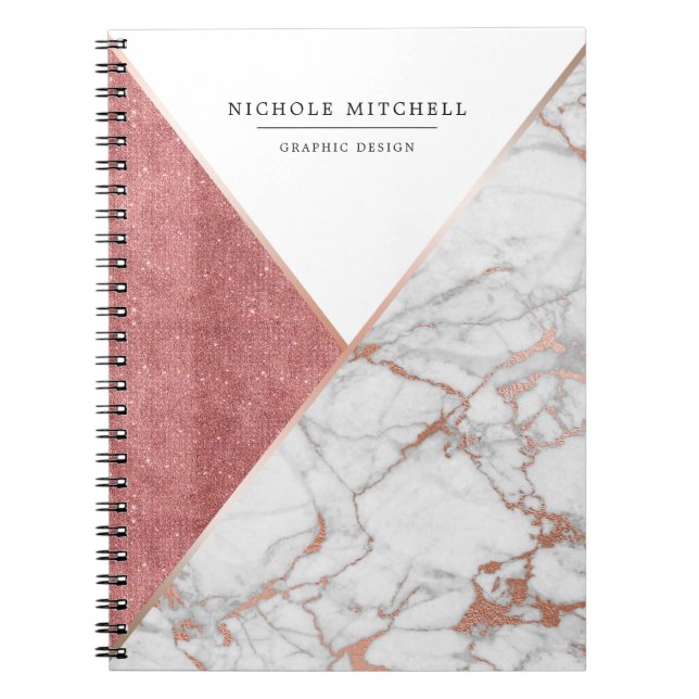 Geometric Sparkling Pink and Gold Marble Notebook (Front)