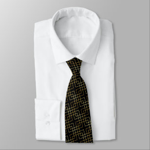 Geometric Square Lines Gold Vector Pattern Black Neck Tie