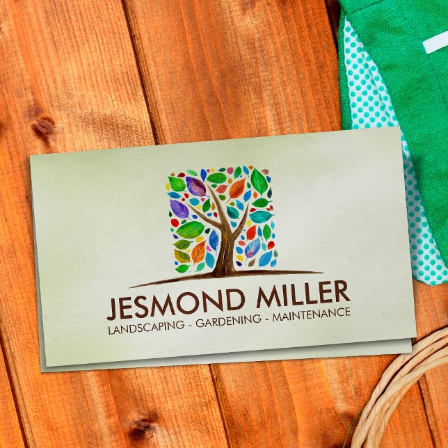 Geometric Square Tree Colorful leaves Watercolor Business Card (Creator Uploaded)