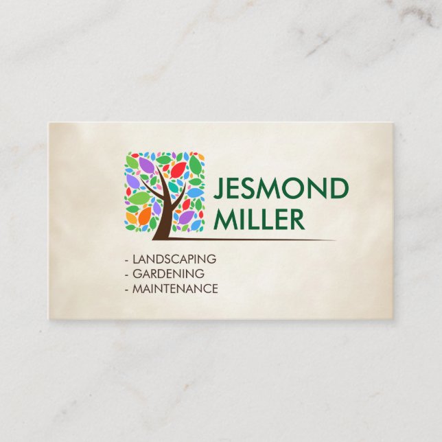 Geometric Square Tree with colorful leaves Business Card (Front)