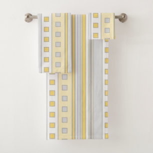 Geometric Squares and Stripes, Yellow, Gray, Cream Bath Towel Set