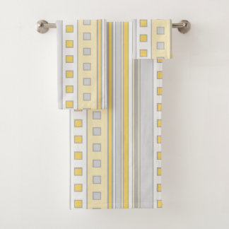 Geometric Squares and Stripes, Yellow, Gray, Cream Bath Towel Set