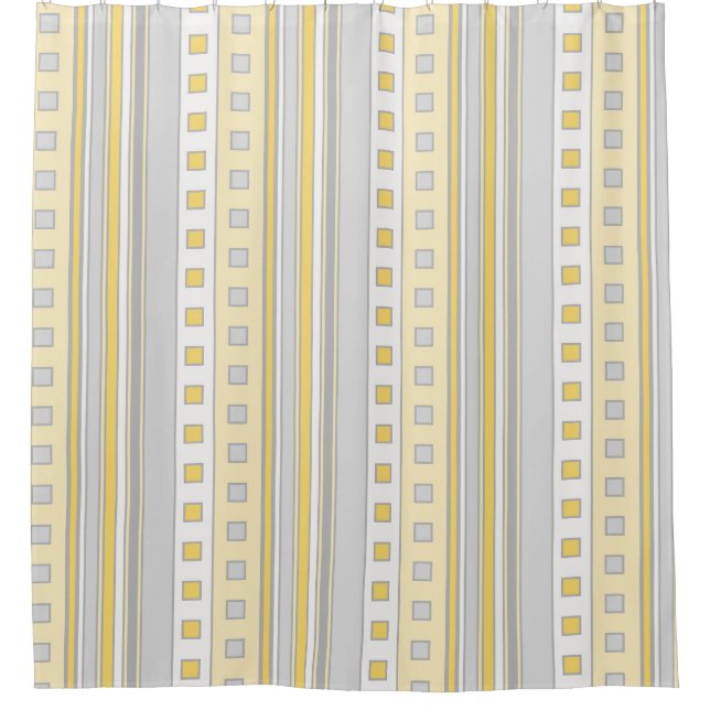 Geometric Squares and Stripes, Yellow, Gray, Cream Shower Curtain (Front)