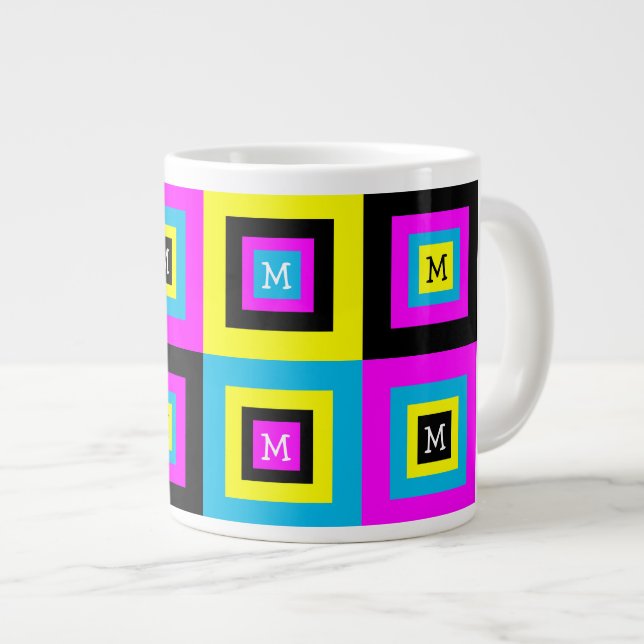 Geometric Squares Monogram CMYK Giant Coffee Mug (Front Right)