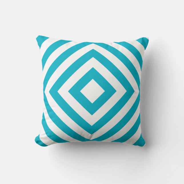 Geometric Squares Pattern #1A Teal Blue and White Throw Pillow (Front)