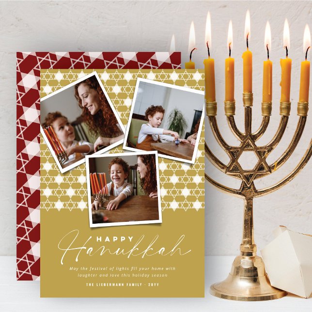 Geometric Stars Of David Gold Hanukkah 3 Photo Holiday Card (Creator Uploaded)