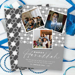 Geometric Stars Of David Silver Hanukkah 3 Photo Holiday Card<br><div class="desc">This modern Hanukkah card features 3 instant photo collage on a background pattern of geometric stars pattern. The greeting is a mix typography of a trendy handwriting script and simple sans serif text. The 'Happy Hanukkah' greeting and background can be changed to any color of your choice. Designed / original...</div>