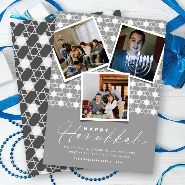 Geometric Stars Of David Silver Hanukkah 3 Photo Holiday Card (Creator Uploaded)
