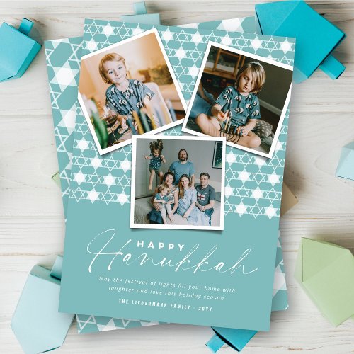 Geometric Stars Of David Sky Blue Hanukkah 3 Photo Holiday Card