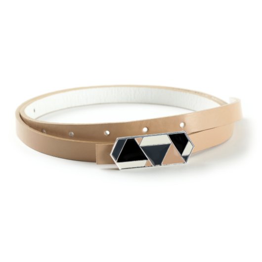 Geometric Sterling Silver Buckle with Tan Genuine Leather Skinny Belt (Front)
