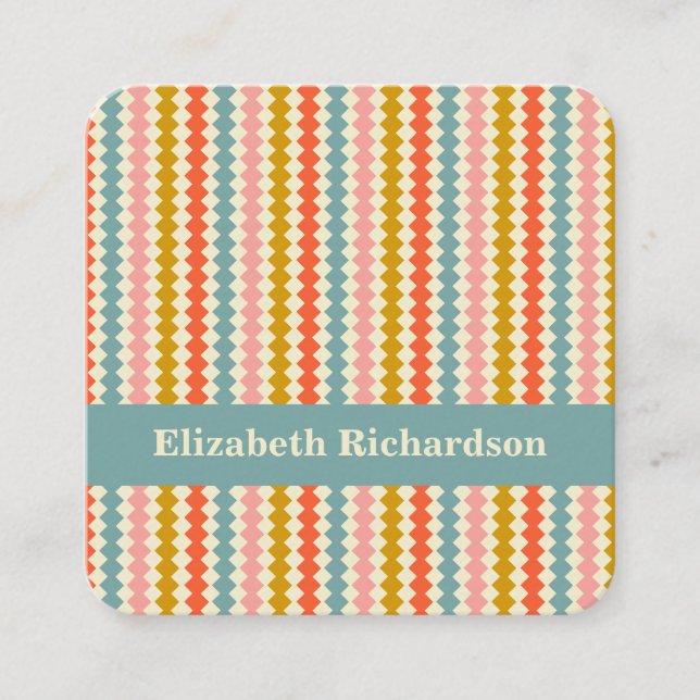 Geometric Stripes Retro Colorful Personalized Name Square Business Card (Front)