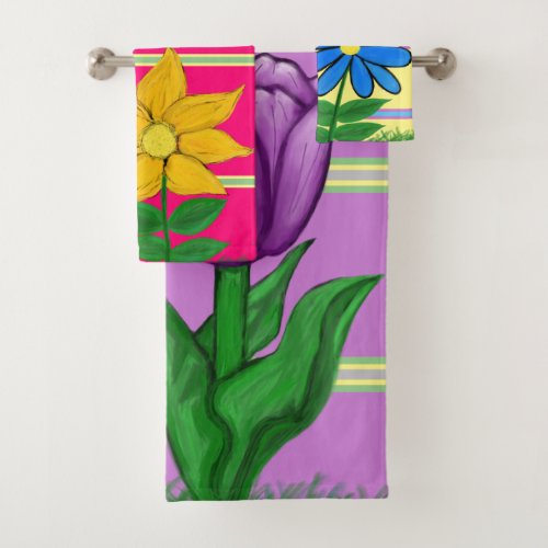 Geometric Stripes Tulip Sunflower Daisy Bath Towel Set