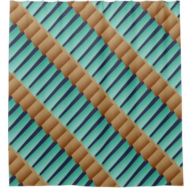 Geometric Stripes/Turquoise Tan & Blue Shower Curtain (Front)