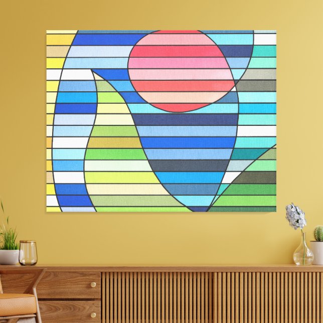 Geometric Stripes with Red Circle and Green Curves Canvas Print (Insitu(LivingRoom))