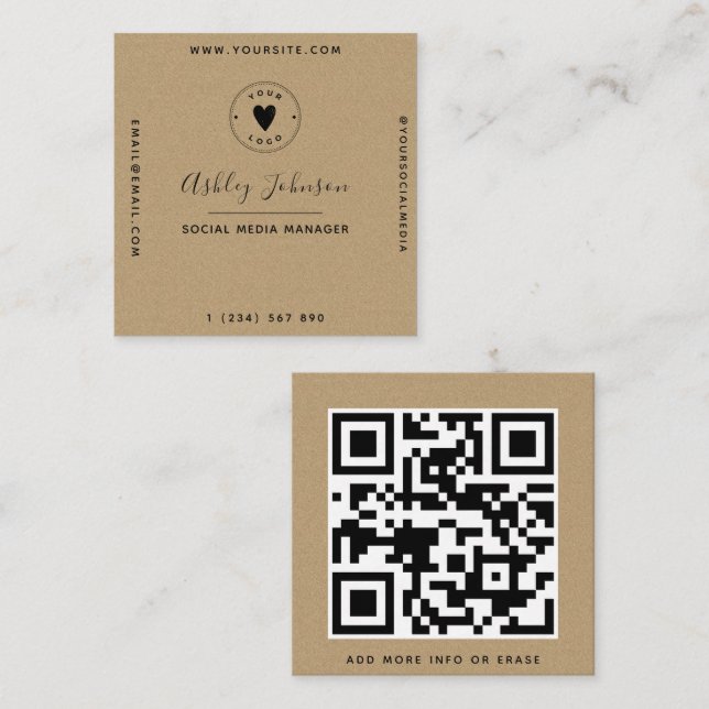 Geometric Style Kraft Paper QR Code Logo Simple Square Business Card (Front/Back)