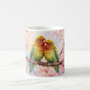 Geometric Style Lovebirds Among Cherry Blossoms Coffee Mug