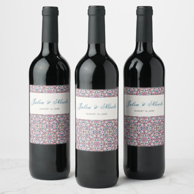 Geometric Style Sparkles Copper Metallic Wedding Wine Label (Bottles)