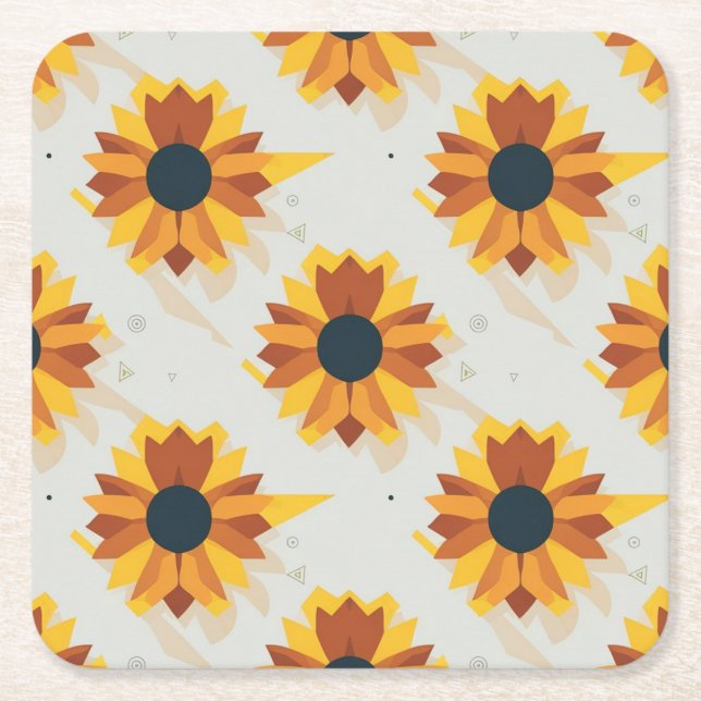 Geometric Style Sunflower Pattern Square Paper Coaster (Front)