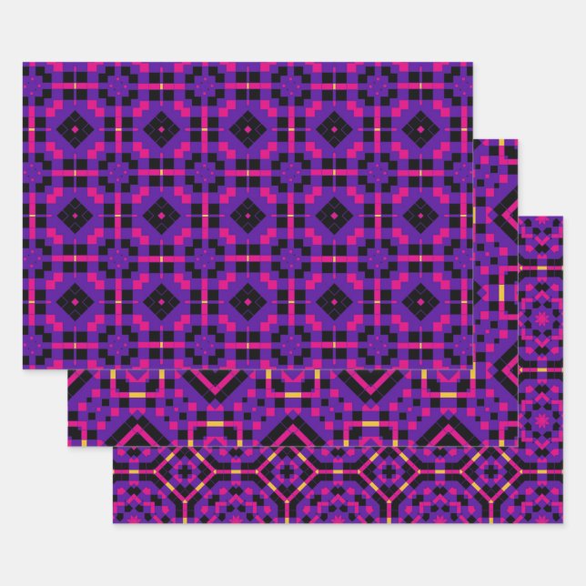 Geometric Stylish Op Art Mosaic Purple Patterns Wrapping Paper Sheets (Set)