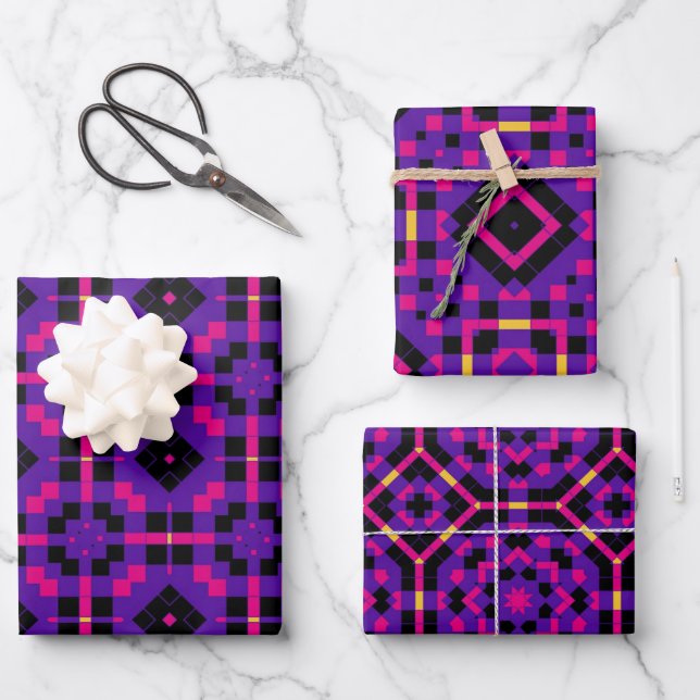 Geometric Stylish Op Art Mosaic Purple Patterns Wrapping Paper Sheets (Front)
