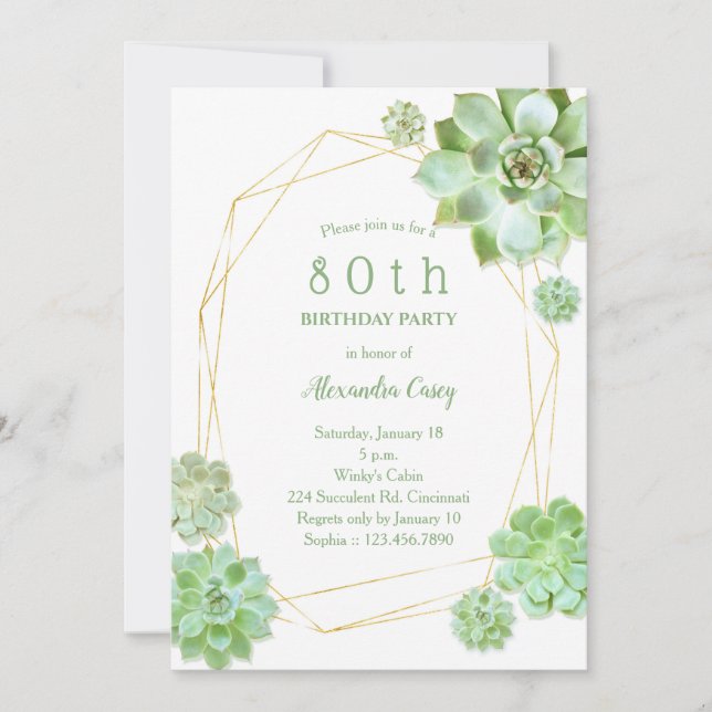 Geometric Succulents 80th Birthday Invitation (Front)