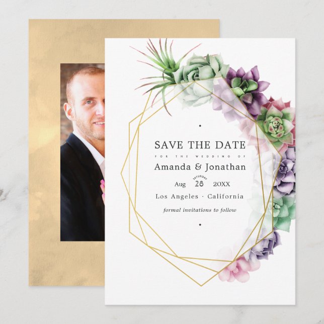 Geometric Succulents Herbarium Garden Wedding  Save The Date (Front/Back)