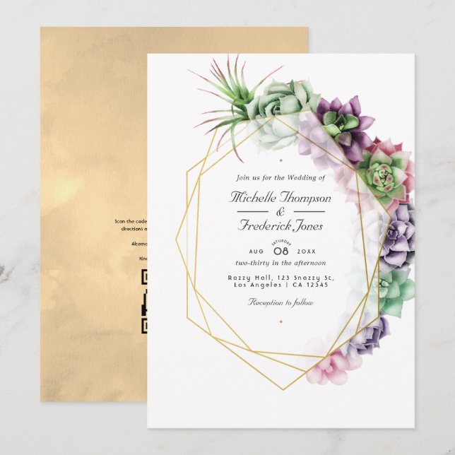 Geometric Succulents  QR Code RSVP Garden Wedding Invitation (Front/Back)