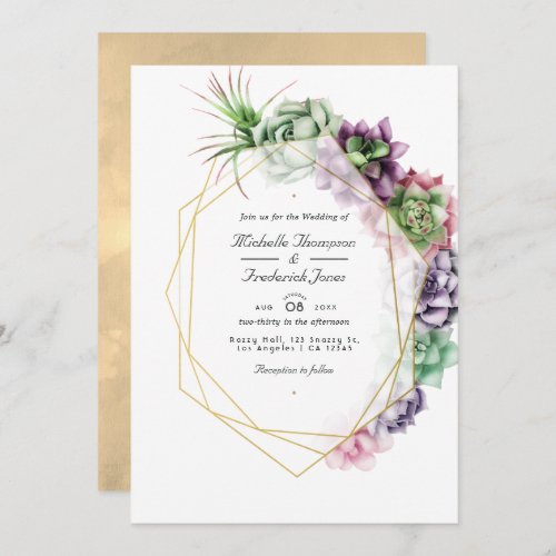 Geometric Succulents  QR Code RSVP Garden Wedding Invitation