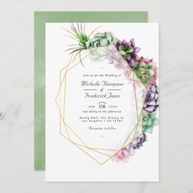 Geometric Succulents QR Code RSVP Wedding Invitation (Front/Back)