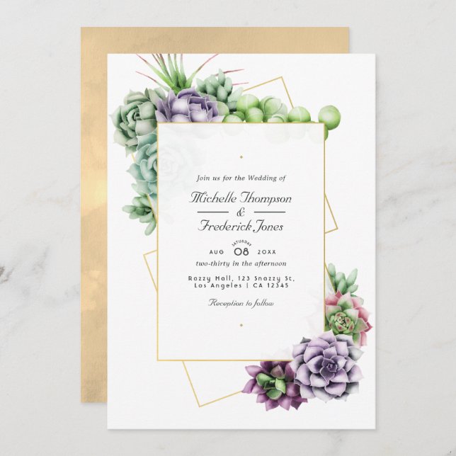 Geometric Succulents QR Code RSVP Wedding Invitation (Front/Back)