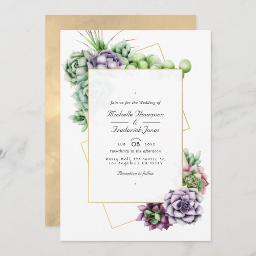 Geometric Succulents QR Code RSVP Wedding Invitation