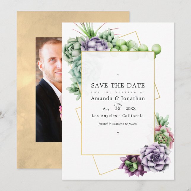Geometric Succulents Wedding Photo Save The Date (Front/Back)