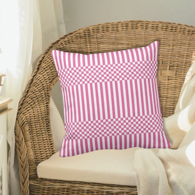 Geometric Summer Pink & White Stripes & Checker Throw Pillow (Pink & White Stripes & Checker )