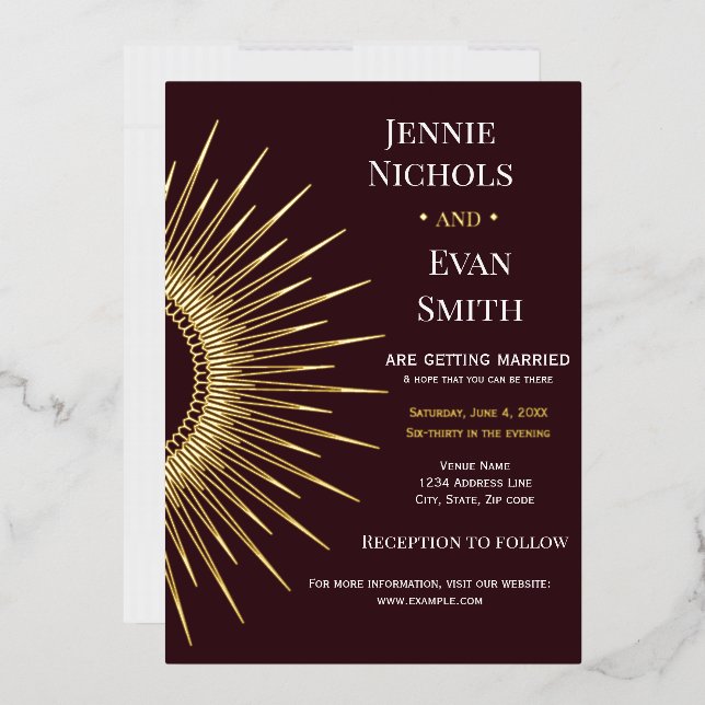 Geometric Sun Modern | Plum Background Wedding  Foil Invitation (Envelope)