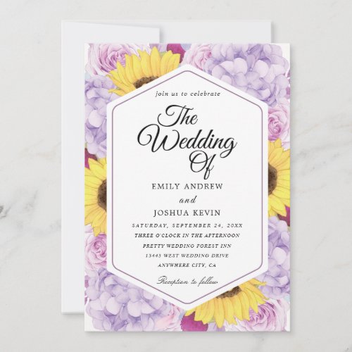 geometric Sunflower and purple wedding invitations
