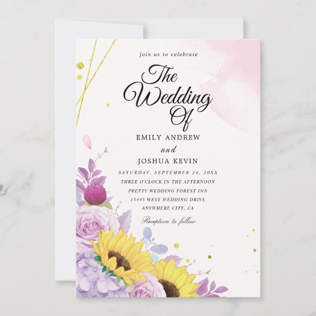 geometric Sunflower and purple wedding invitations (Front)