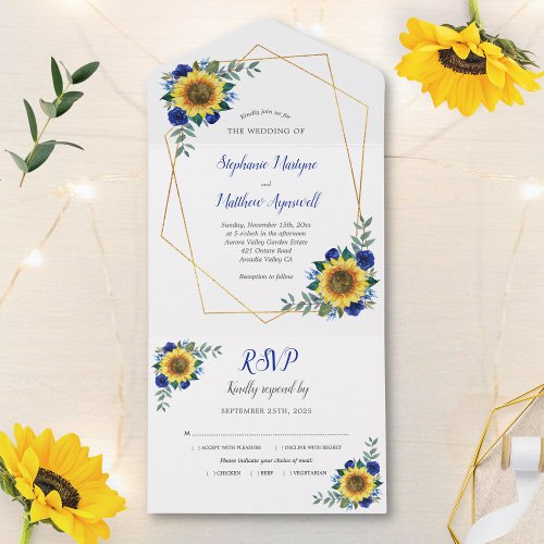 Geometric Sunflower Blue Rose Modern Wedding All In One Invitation