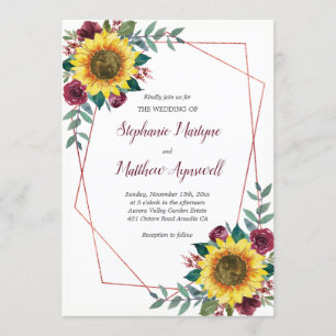 Geometric Sunflower Burgundy Floral Rose Wedding Invitation