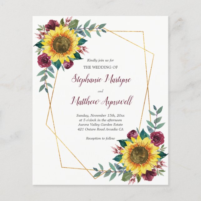 Geometric Sunflower Burgundy Roses Budget Wedding (Front)
