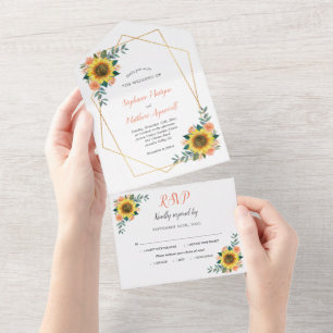 Geometric Sunflower Peach Rose Modern Wedding All In One Invitation