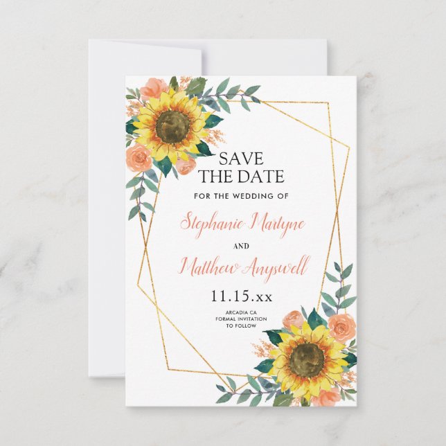 Geometric Sunflower Peach Rose Wedding Save The Date (Front)