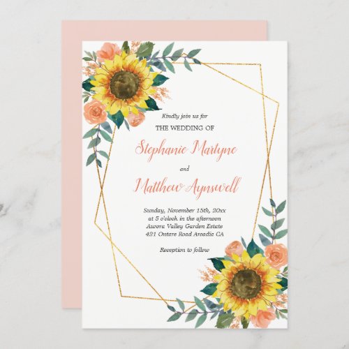 Geometric Sunflower Peach Roses Floral Wedding Invitation