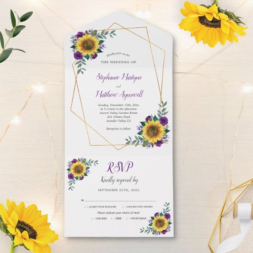 Geometric Sunflower Purple Rose Modern Wedding All In One Invitation