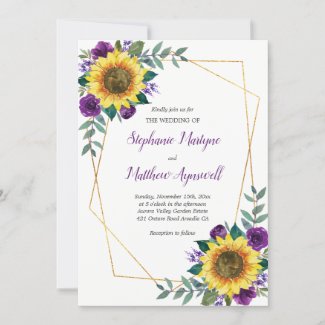 Purple Sunflower Wedding Invitations, Geometric Floral Gold