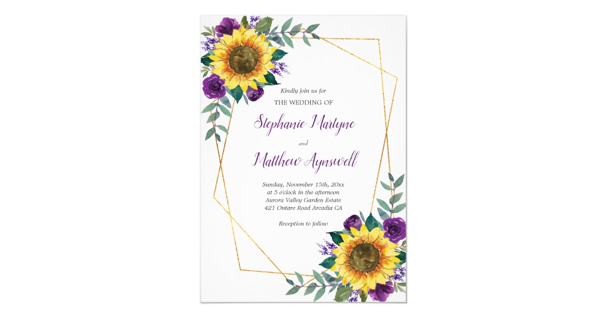 Geometric Sunflower Purple Roses Floral Wedding Invitation | Zazzle.com