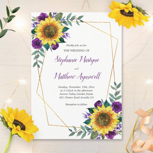 Geometric Sunflower Purple Roses Floral Wedding Invitation