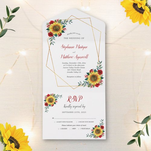 Geometric Sunflower Red Rose Modern Wedding All In One Invitation